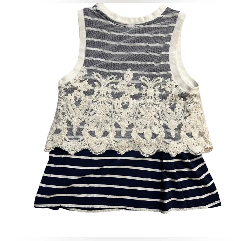 Anthropologie Stripped Tank Top with Lace Overlay Navy White - Picture 2 of 3